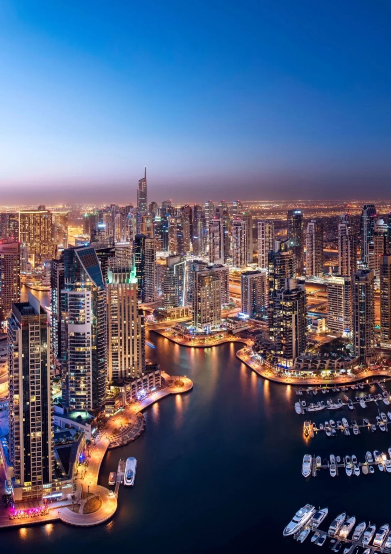 Dubai Marina night view with illuminated skyscrapers